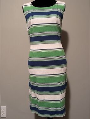 Trina Turk Green, Navy & White Striped Sleeveless Midi Dress